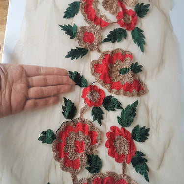 Beige Soft Net Lace Trim With Red, Green And Gold Floral Embroidery, Indian Trims